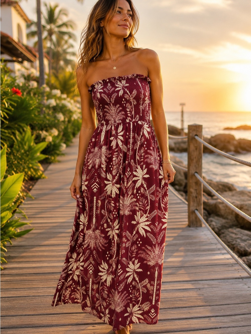 Monteau Los Angeles Strapless Tropical Print Maxi Dress Linen Blend L